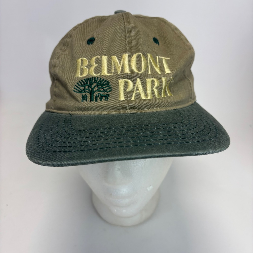 Vintage Belmont Park Hat Mens Tan Green Associated Premium NTRA Snapback Cap